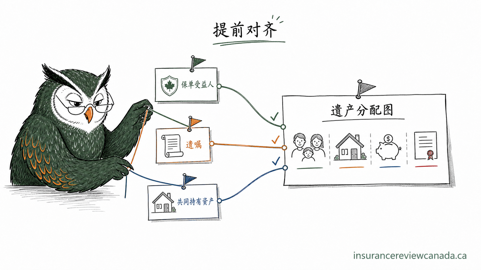 手绘猫头鹰把保单受益人、遗嘱、共同持有资产三条线协调到一张遗产分配图上，提示三者需提前对齐