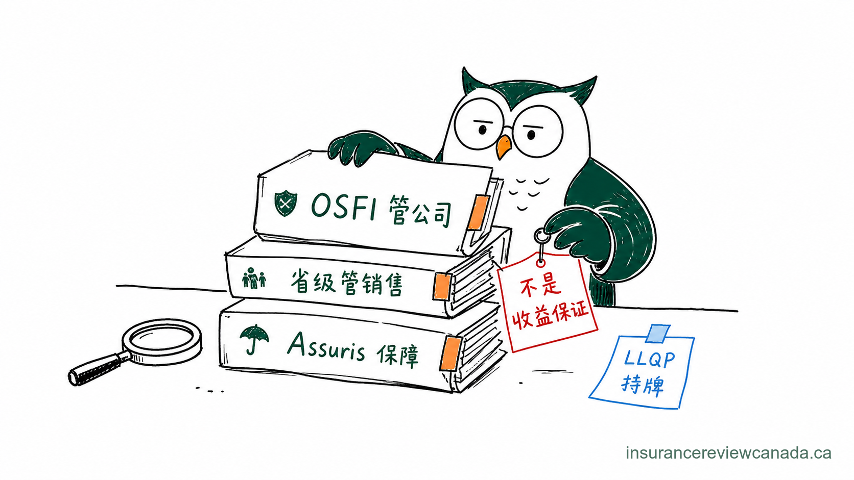 手绘猫头鹰展示加拿大寿险监管层级结构，画面从联邦 OSFI 向下连接到省级 FSRA / BCFSA / AMF / ASRA 等监管单位